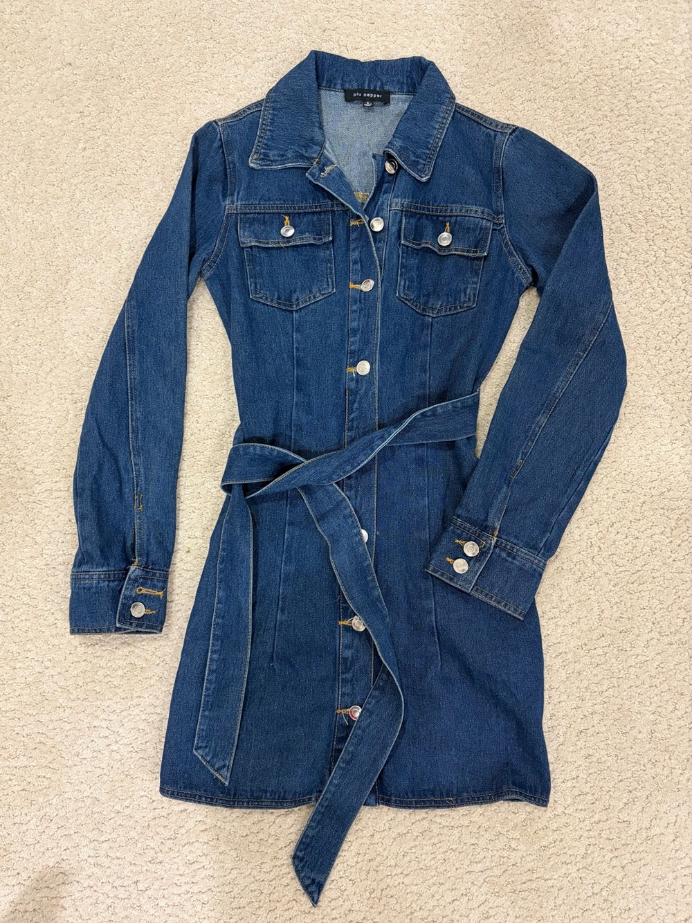 Blu Pepper Dark Blue Denim Shirt Dress with Waist Tie